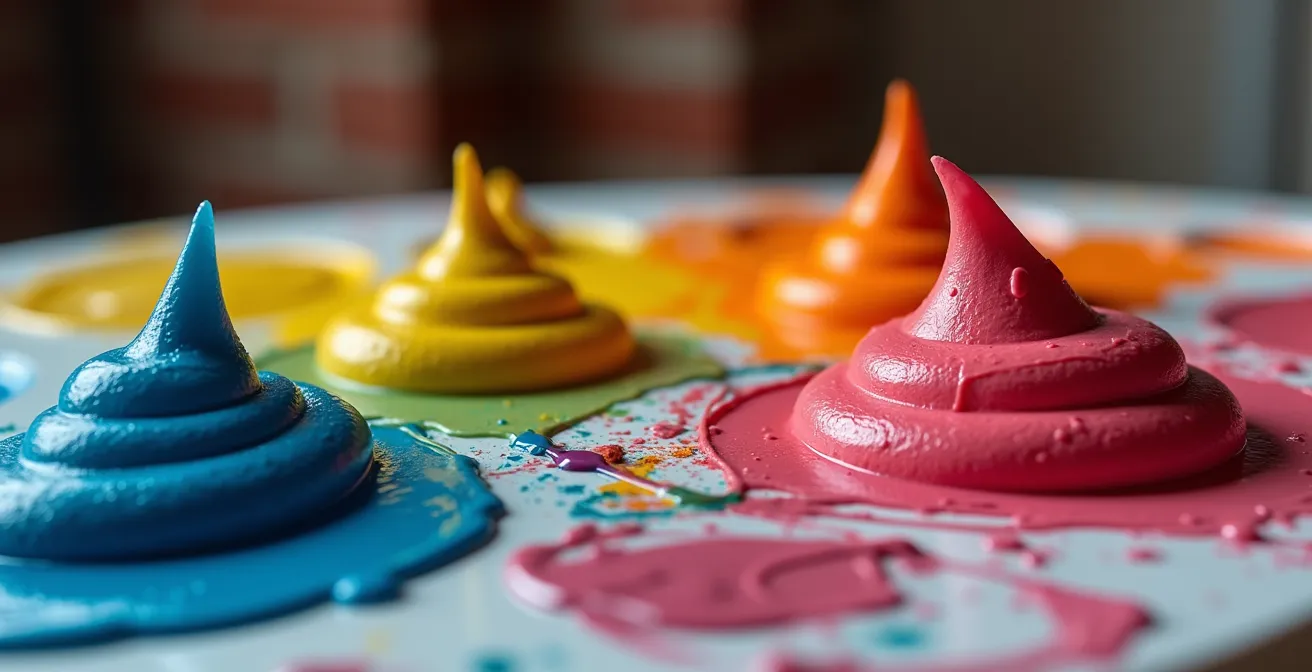 Kleurrijk palet met verschillende verfkleuren en penselen in Belgisch atelier