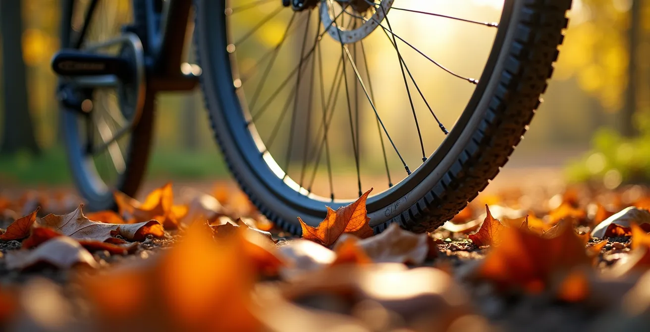Fietser op een rustig bospad langs het RAVeL-netwerk in België, met zonlicht dat door de bomen schijnt.