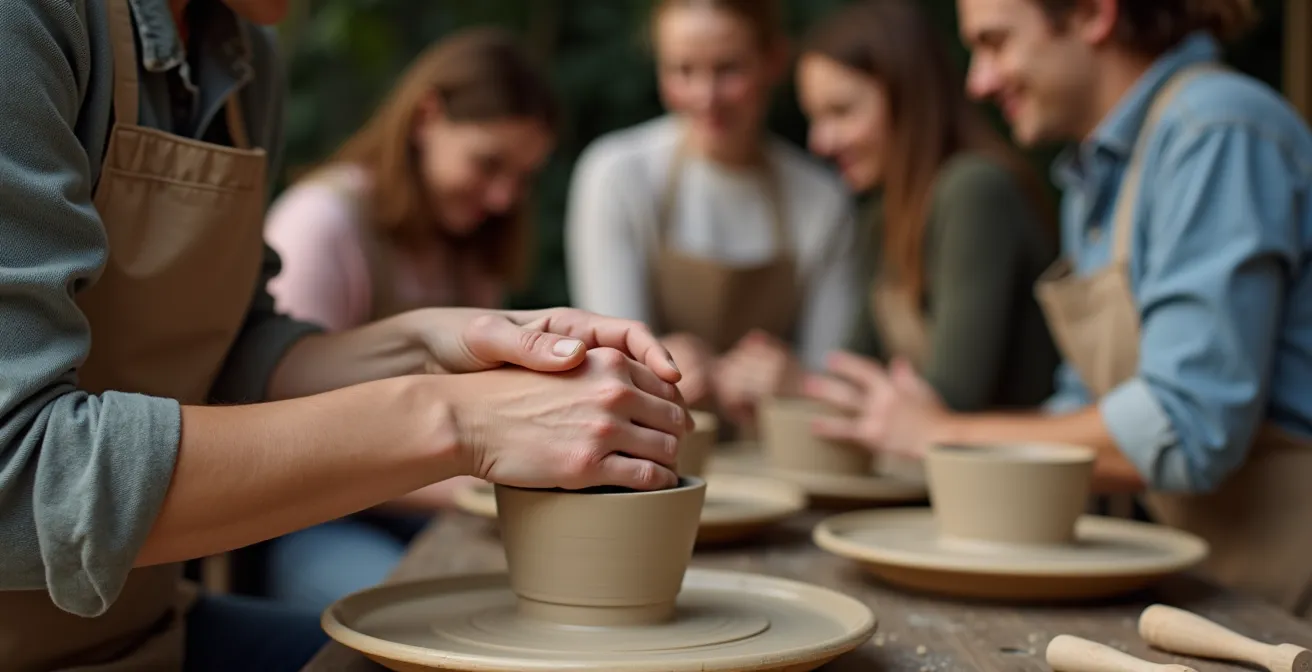 Kleine groep beginners krijgt persoonlijke begeleiding bij een keramiek workshop in een Vlaams atelier