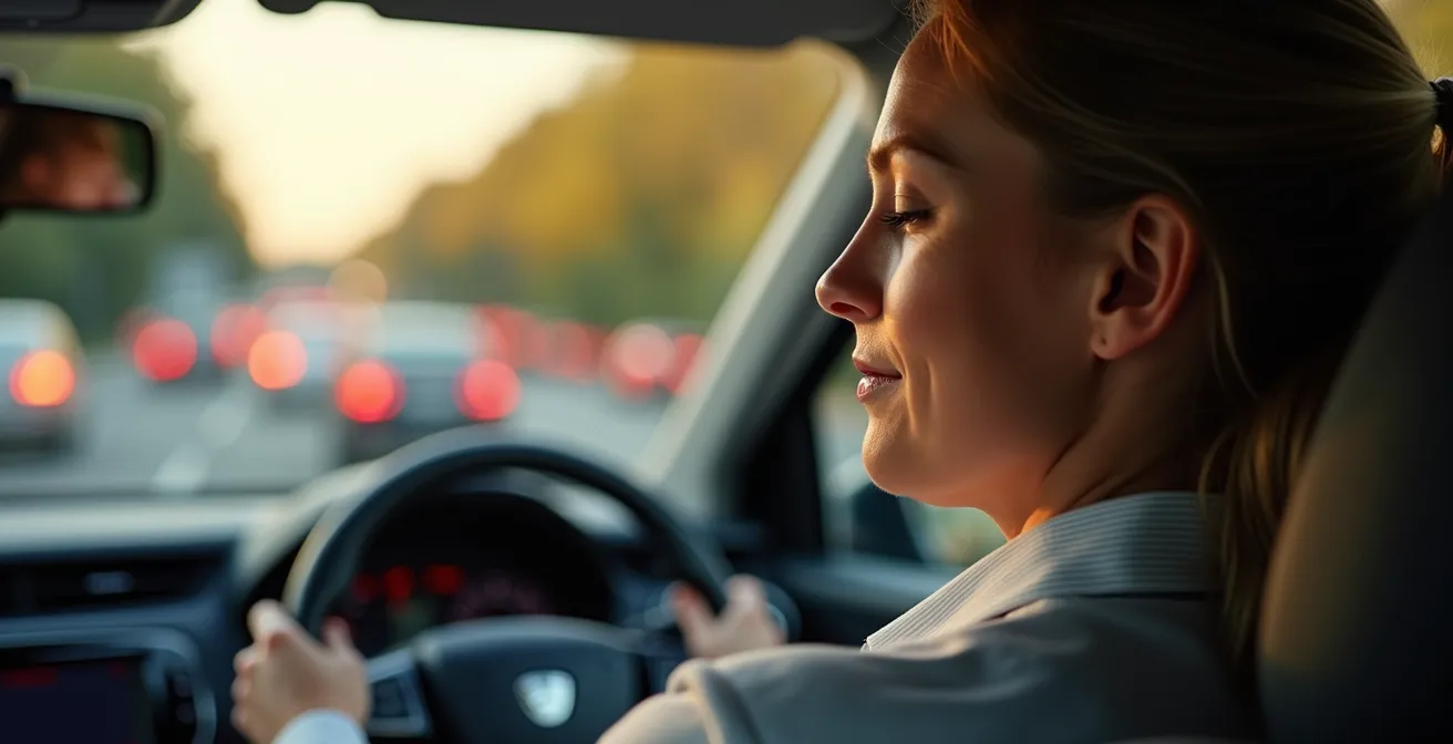 Rustig moment in Belgisch fileverkeer met focus op bestuurder die ademhalingsoefening doet