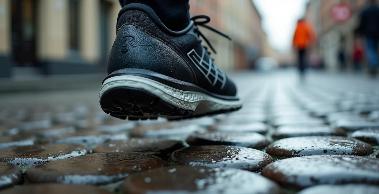 Macro close-up van lopersvoet landend op authentieke Belgische kasseien met zichtbare schokdemping in de schoenzool