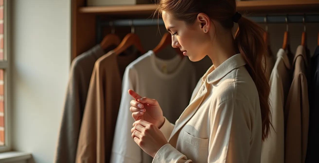 Minimalistische kledingkast met zorgvuldig geselecteerde kledingstukken in aardse tinten
