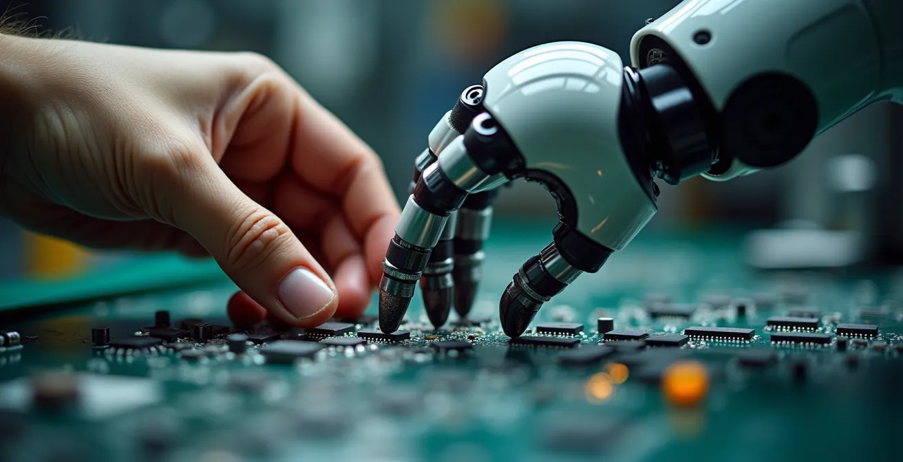 Close-up van menselijke hand en robotarm die samen aan een technisch project werken in industriële setting