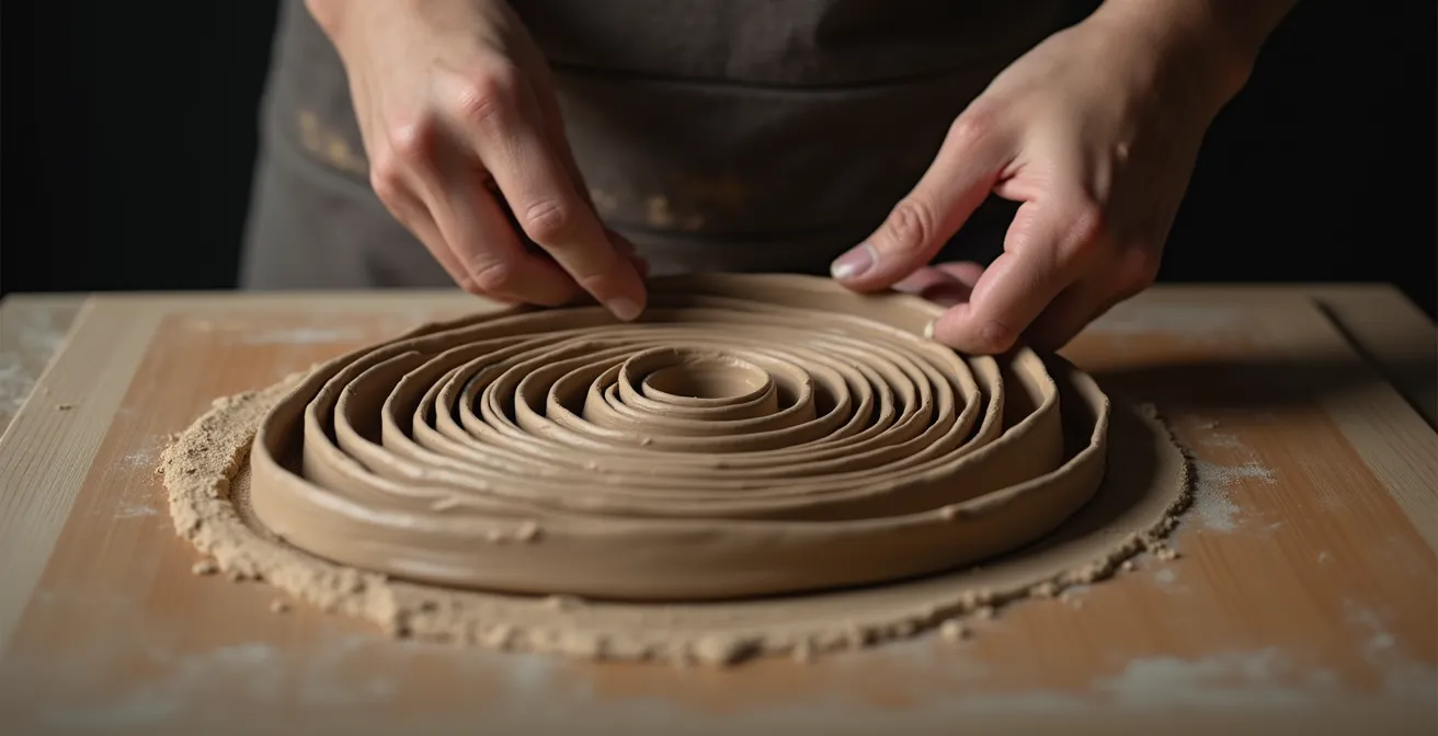 Handen die met de coiling-techniek een organische vorm opbouwen