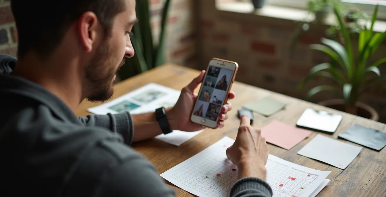 Smartphone toont consistent vormgegeven Instagram feed met herkenbare merkstijl