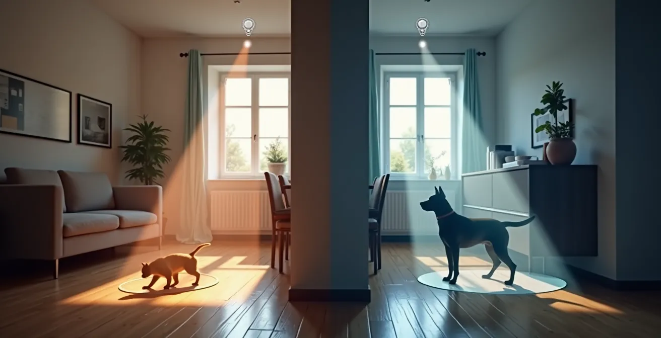 Technische illustratie van PIR sensor plaatsing voor huisdierimmuniteit