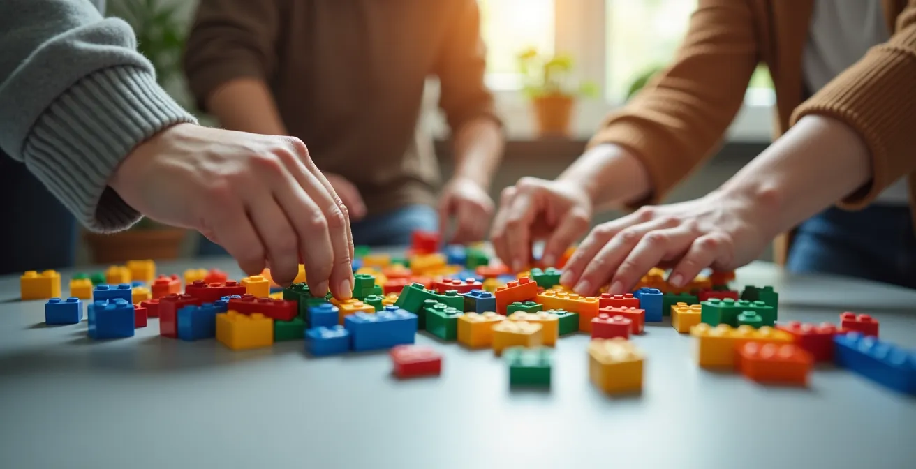 Diverse professionals bouwen samen met LEGO tijdens teamworkshop