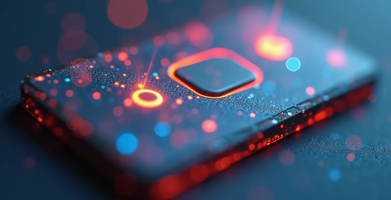 Macro-opname van een draadloze schakelaar met abstracte lichtpatronen die signaalinterferentie visualiseren.