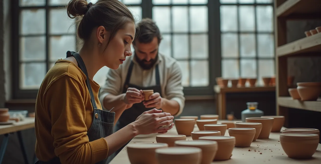 Keramiek werkstukken die drogen in een atelier met een hygrometer zichtbaar, illustratie van het droogproces in een vochtig klimaat.