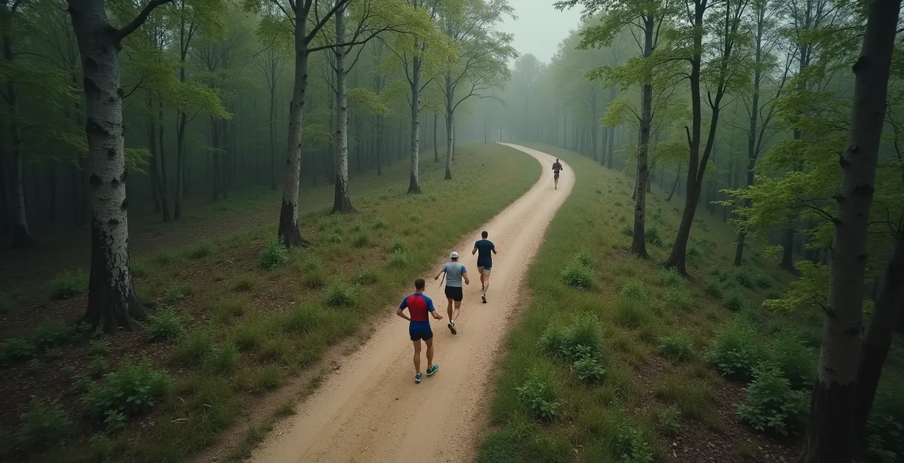 Loopgroep waarbij voorste lopers terugkeren naar achterste lopers op een bospad