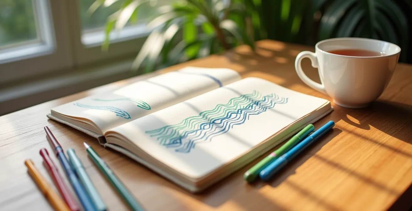 Bureau met een open notitieboek, kleurrijke markers en een weekplanner in zacht natuurlijk licht.