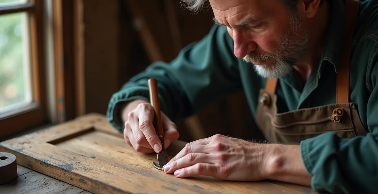 Schrijnwerker bewerkt gerecupereerde massief eiken deur in Belgisch atelier