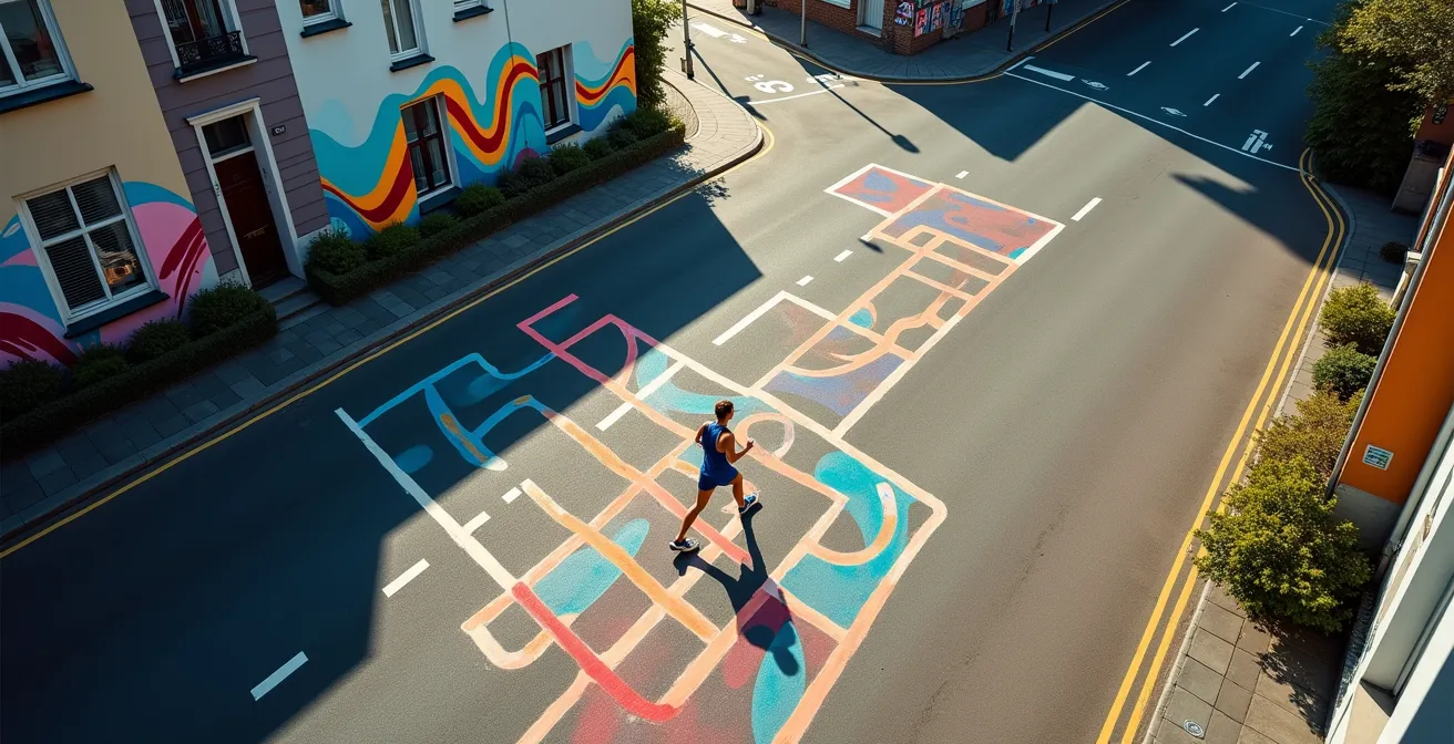 Bovenaanzicht van loper die een creatief patroon volgt door Belgische stadsstraten met kleurrijke muurschilderingen op de achtergrond