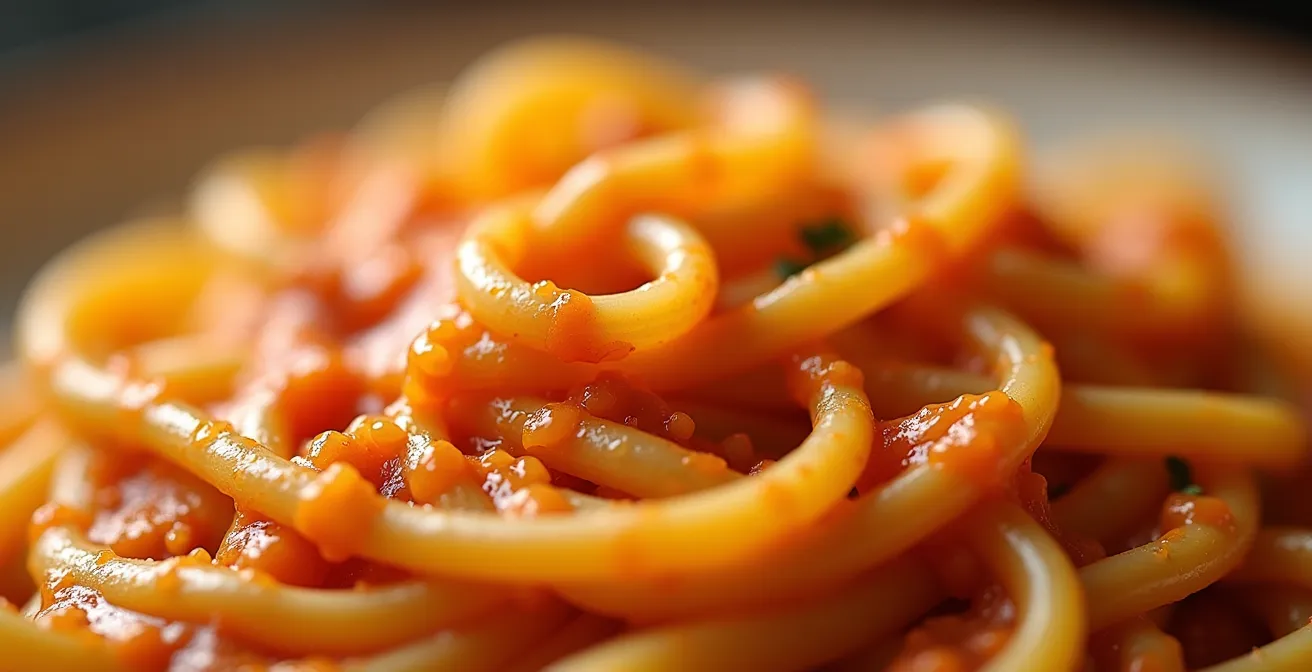 Close-up van romige pastasaus met fijngehakte groenten