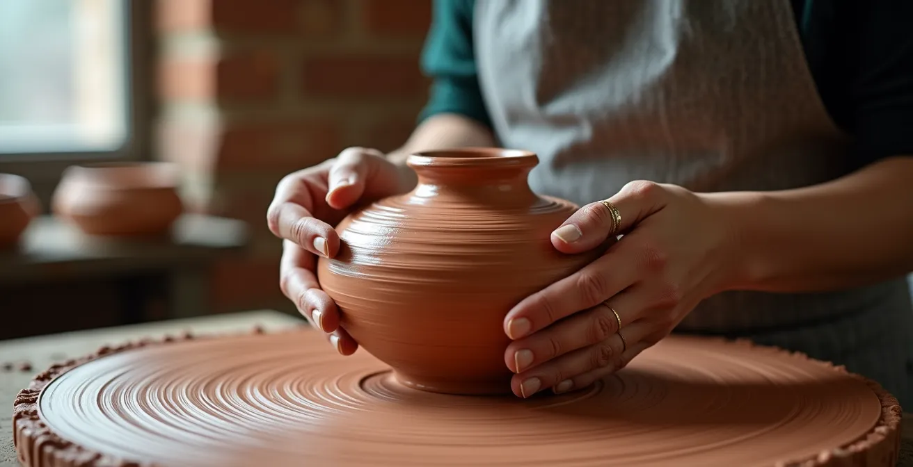 Close-up van handen die klei opbouwen met de coiling techniek voor een organische vorm