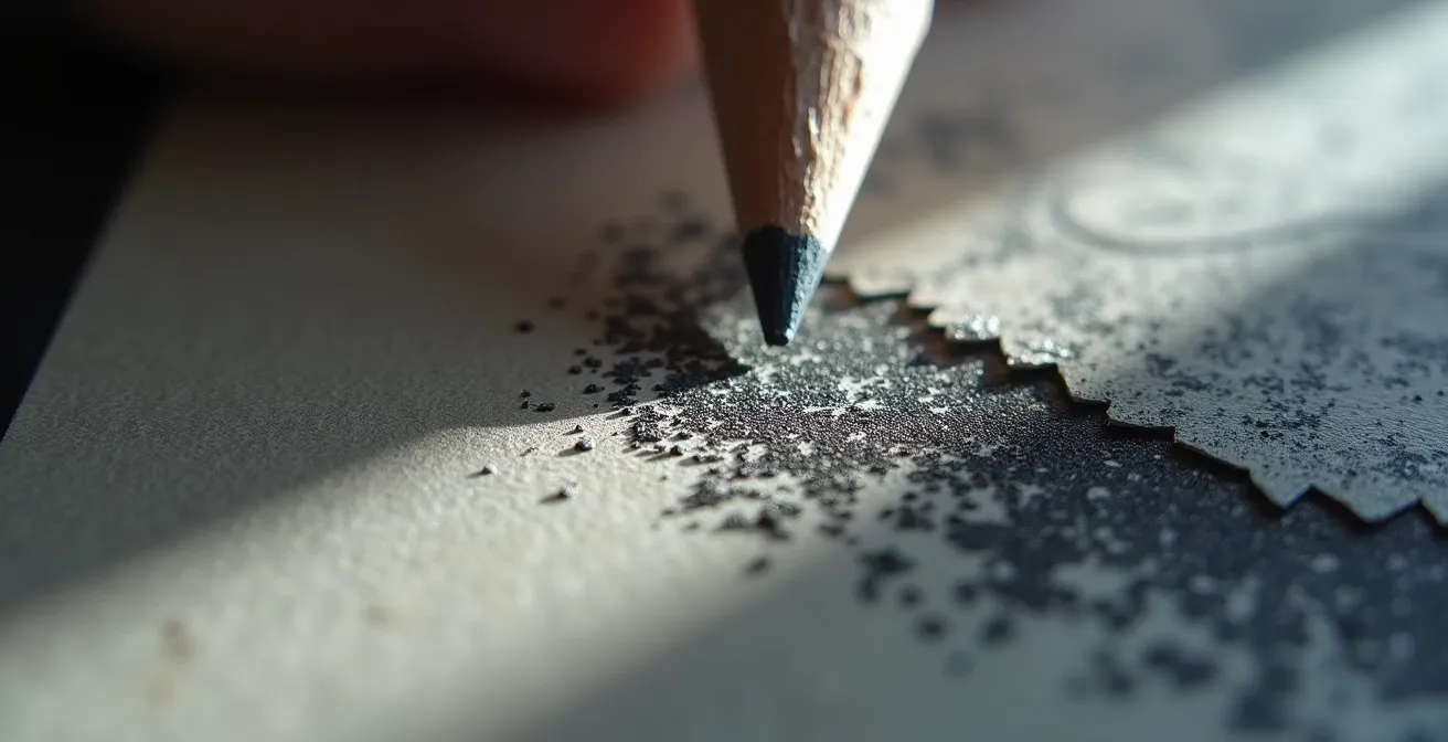 Close-up van potloodschets op papier naast iPad met digitale inkleuring