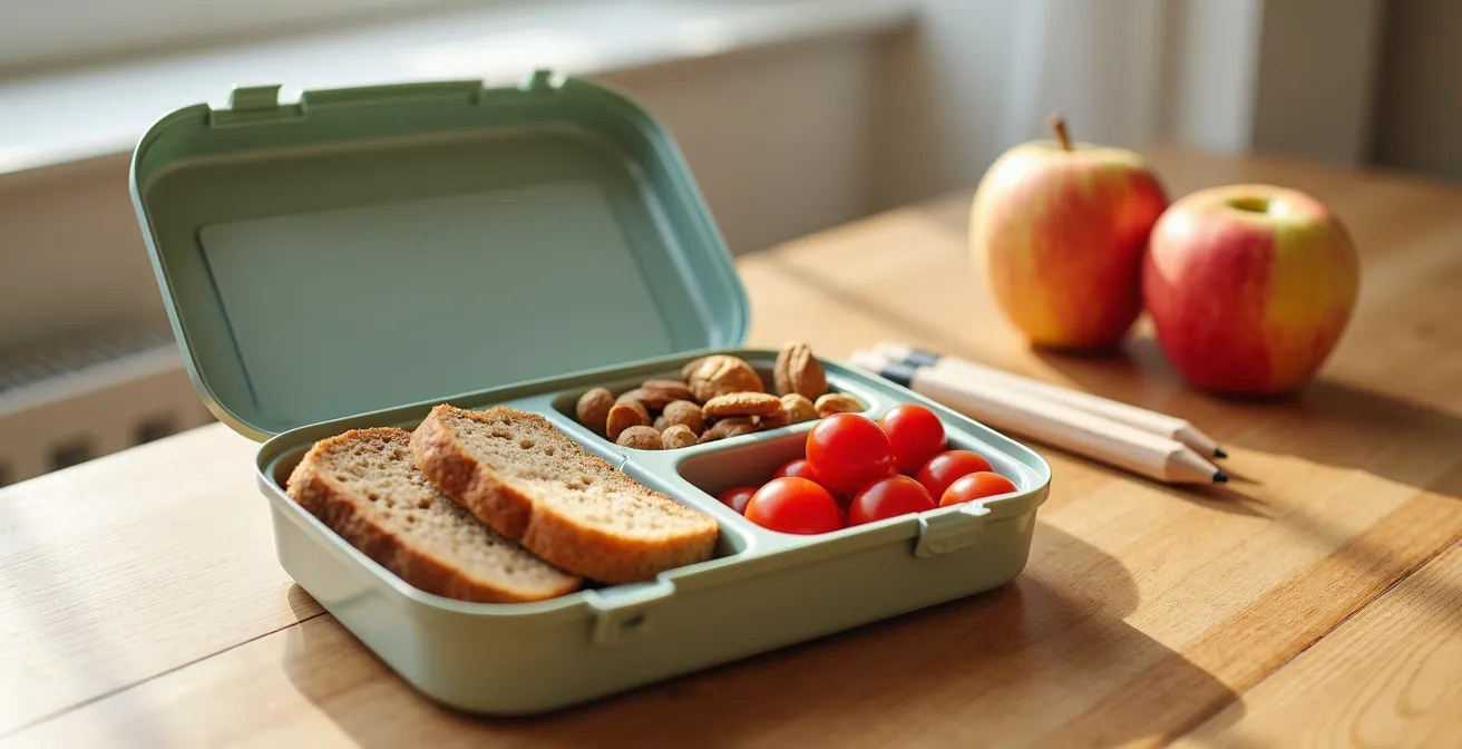 Evenwichtige lunchbox met volkoren boterham, groenten en fruit