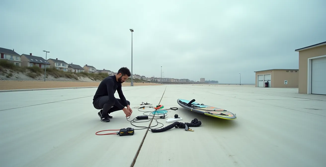Gedetailleerde inspectie van kitesurflijnen en kite materiaal