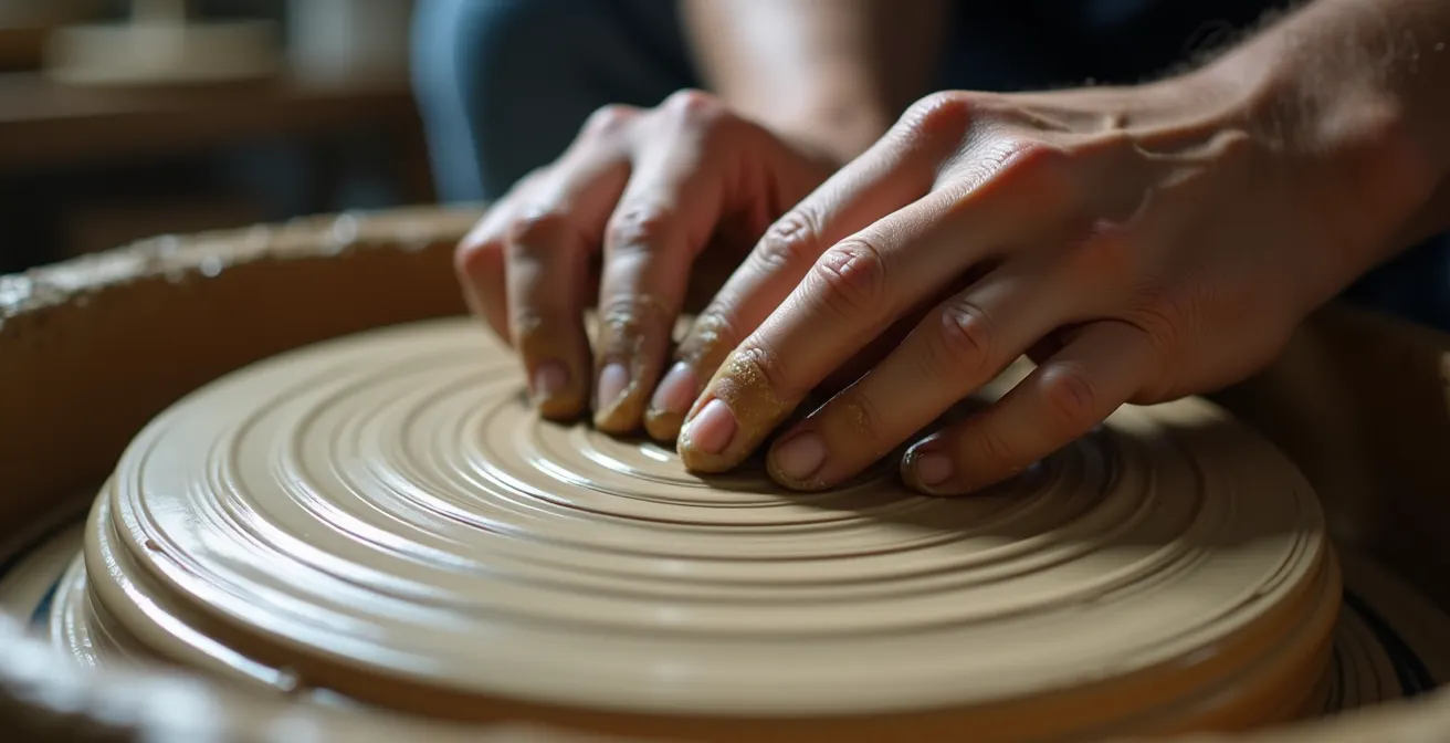 Close-up van handen die klei centreren op draaischijf