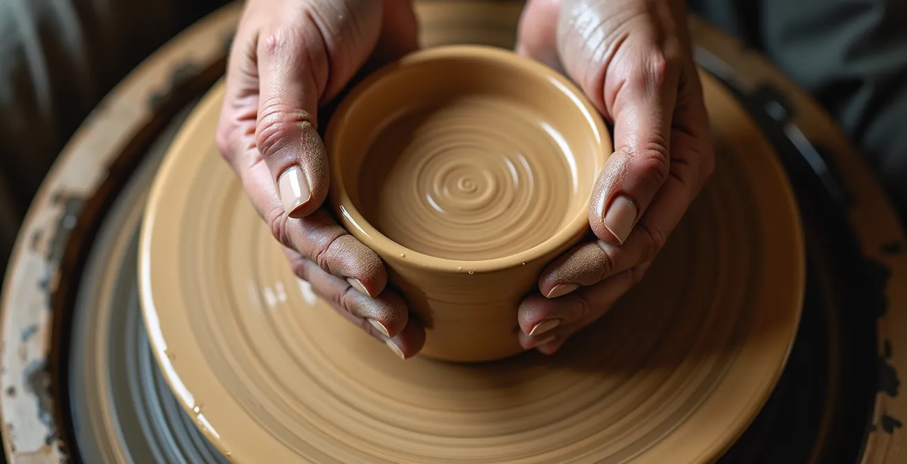 Macro opname van handen die met de juiste techniek klei centreren op een draaiend pottenbakkerswiel