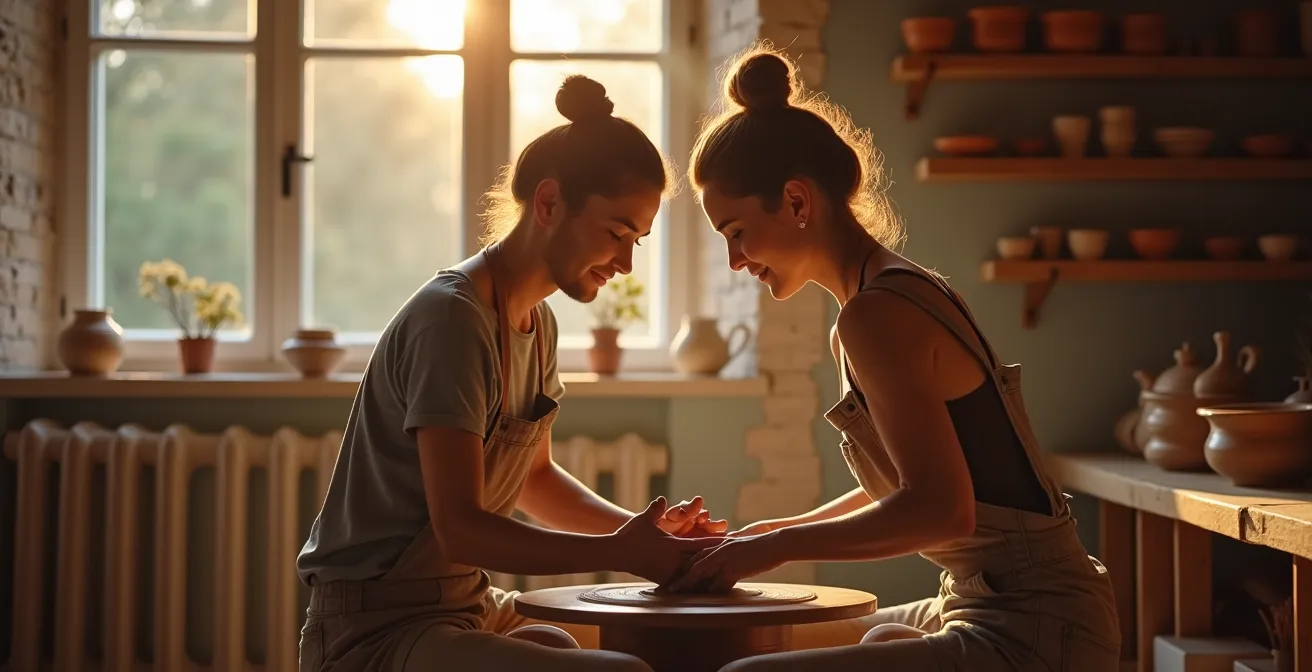 Koppel werkt samen aan draaischijf in gezellig atelier