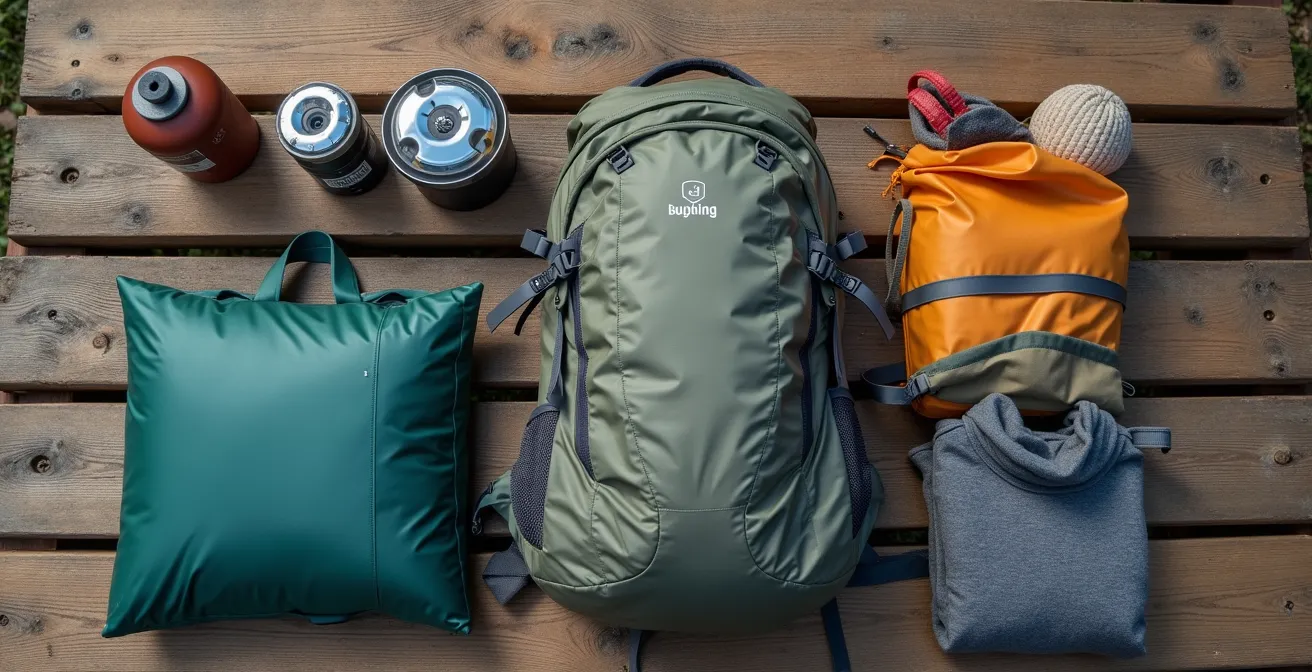 Minimalistische wandeluitrusting uitgestald op houten tafel