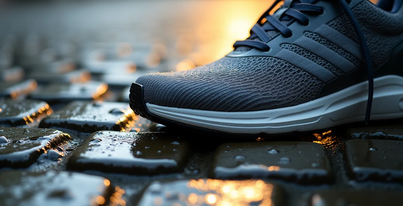Close-up van loopschoen op verschillende Belgische ondergronden
