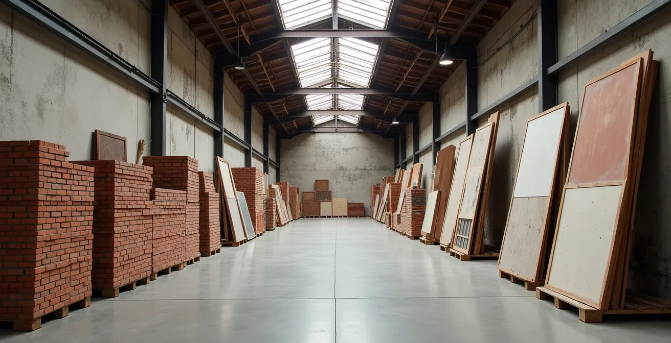 Overzicht van een professionele materialenbank met gesorteerde oude bakstenen en houten balken