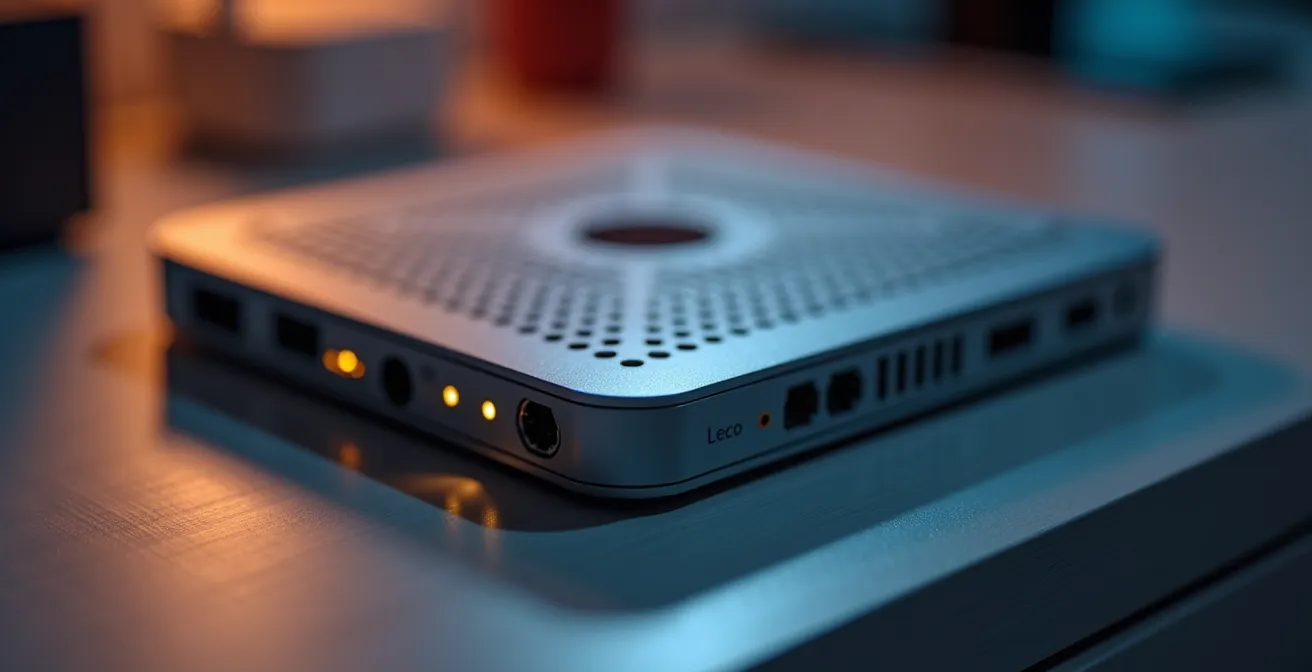 Close-up van een Thread Border Router hub die verschillende slimme apparaten met elkaar verbindt