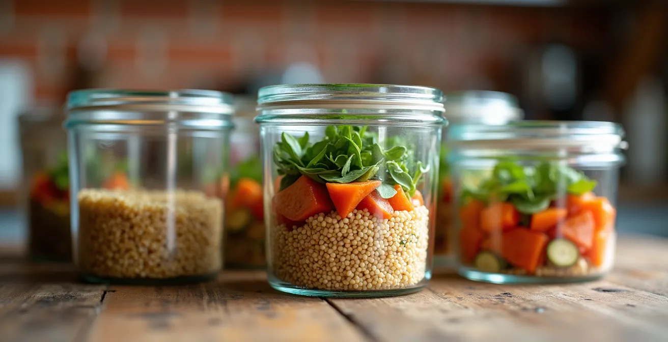 Glazen bewaardozen met kleurrijke maaltijdcomponenten zoals geroosterde groenten en quinoa.