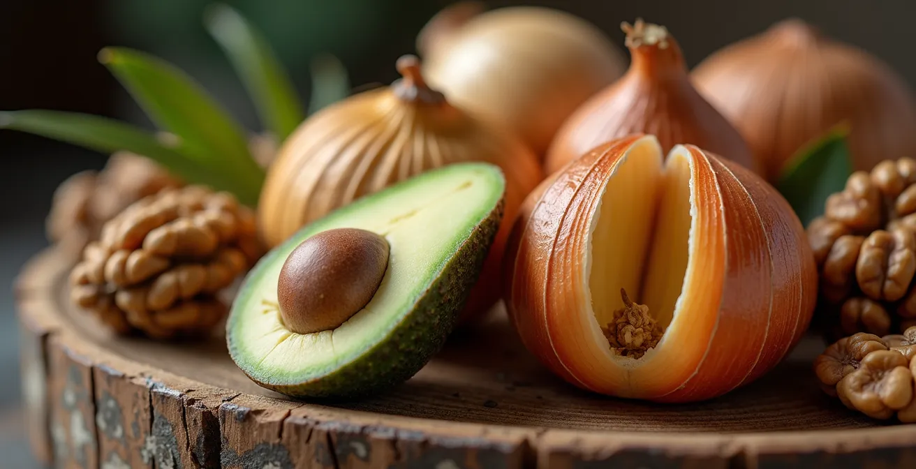 Macro-opname van natuurlijke verfmaterialen zoals avocadopitten en uienschillen