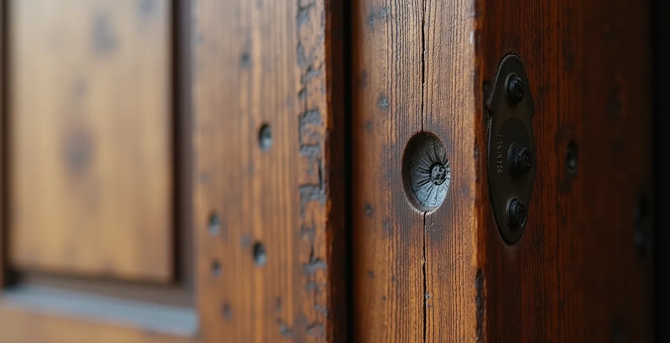 Detail van een historische houten deur aangepast in een modern kozijn met onzichtbare tochtstrip