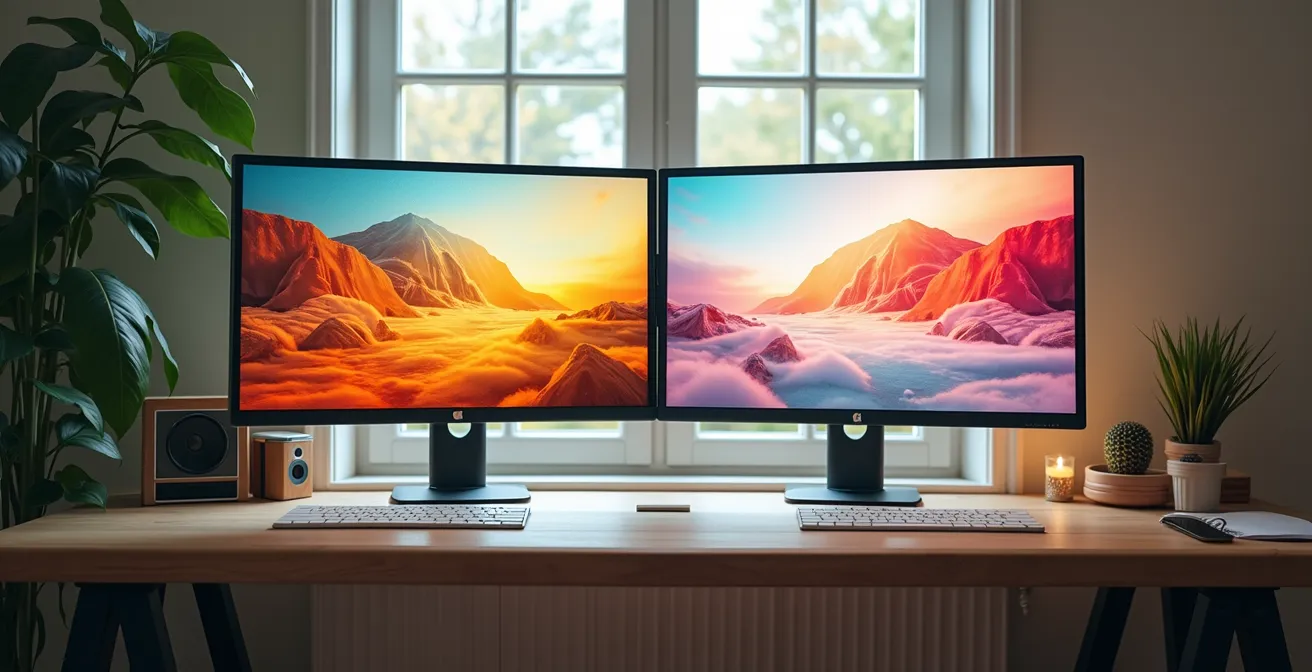 Gesplitste compositie toont hetzelfde kunstwerk in RGB en CMYK kleuren