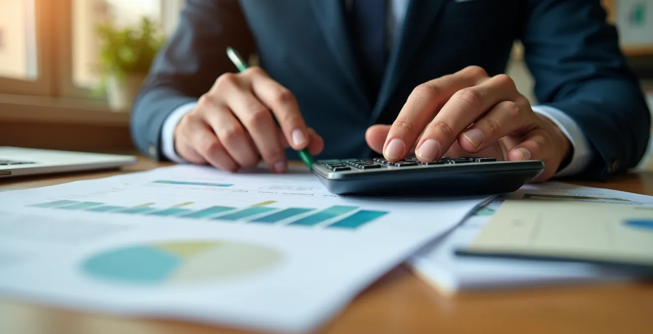 Close-up van handen die ROI-berekeningen maken voor opleidingen