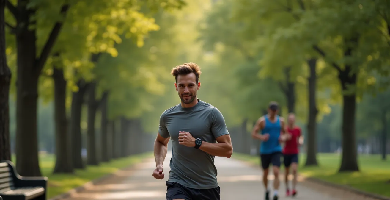 Hardloper die rustpauze neemt ondanks energiegevoel in stadspark