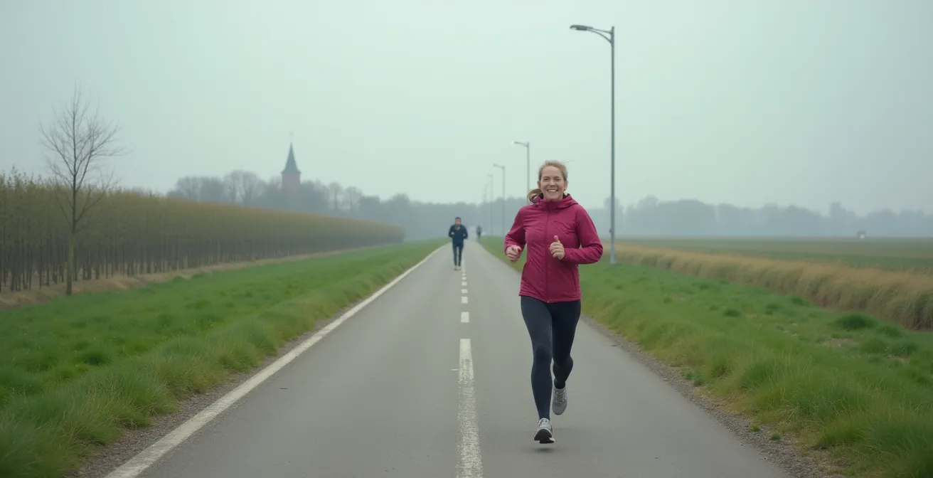 Vrouw jogt kalm langs een vlak fietspad omgeven door groene velden