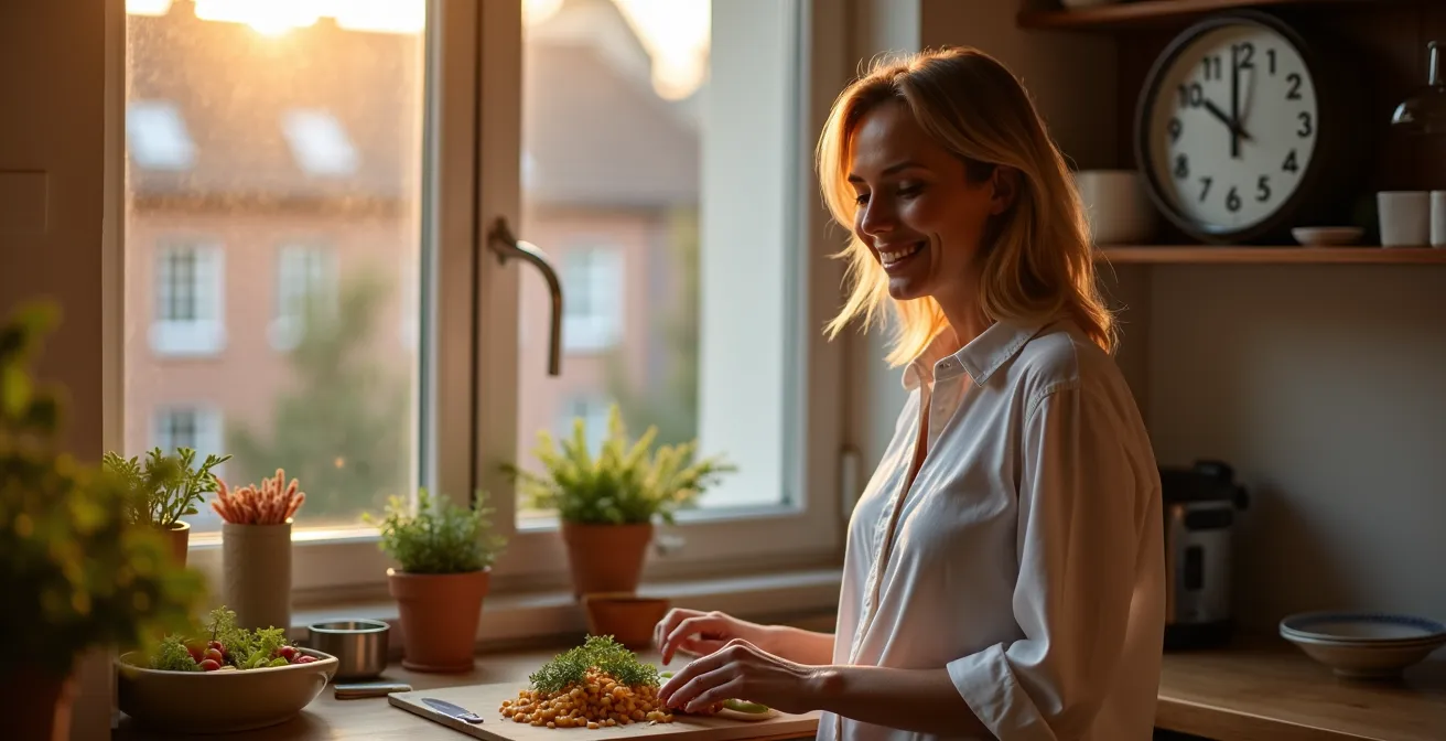 Een persoon geniet van een rustig moment in een sfeervolle keuken bij avondlicht, terwijl hij een eenvoudige maaltijd voorbereidt.