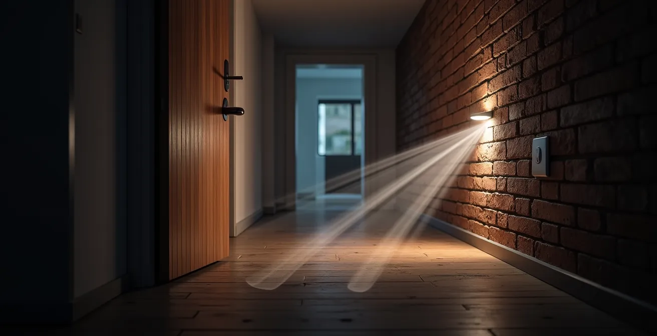 Technische illustratie van signaalverspreiding door een Belgische woning met dikke muren, waarbij een slimme stekker het signaal versterkt.