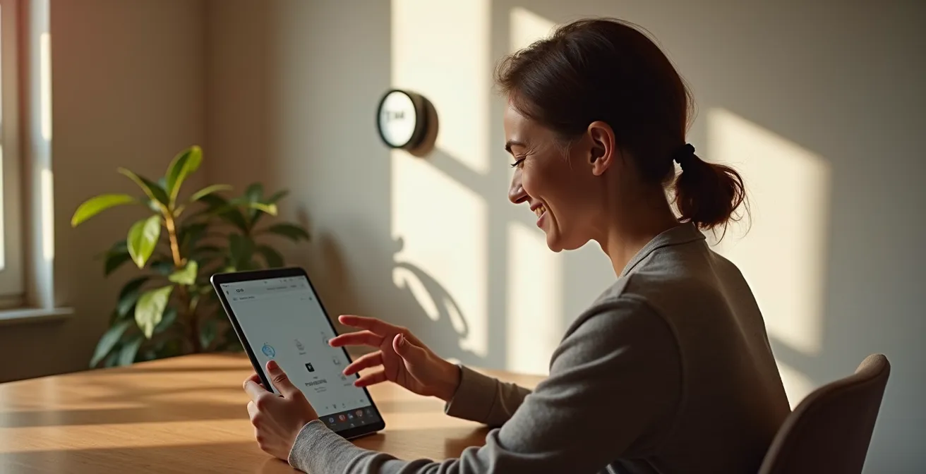 Persoon die thermostaat instellingen controleert op tablet in huiselijke omgeving