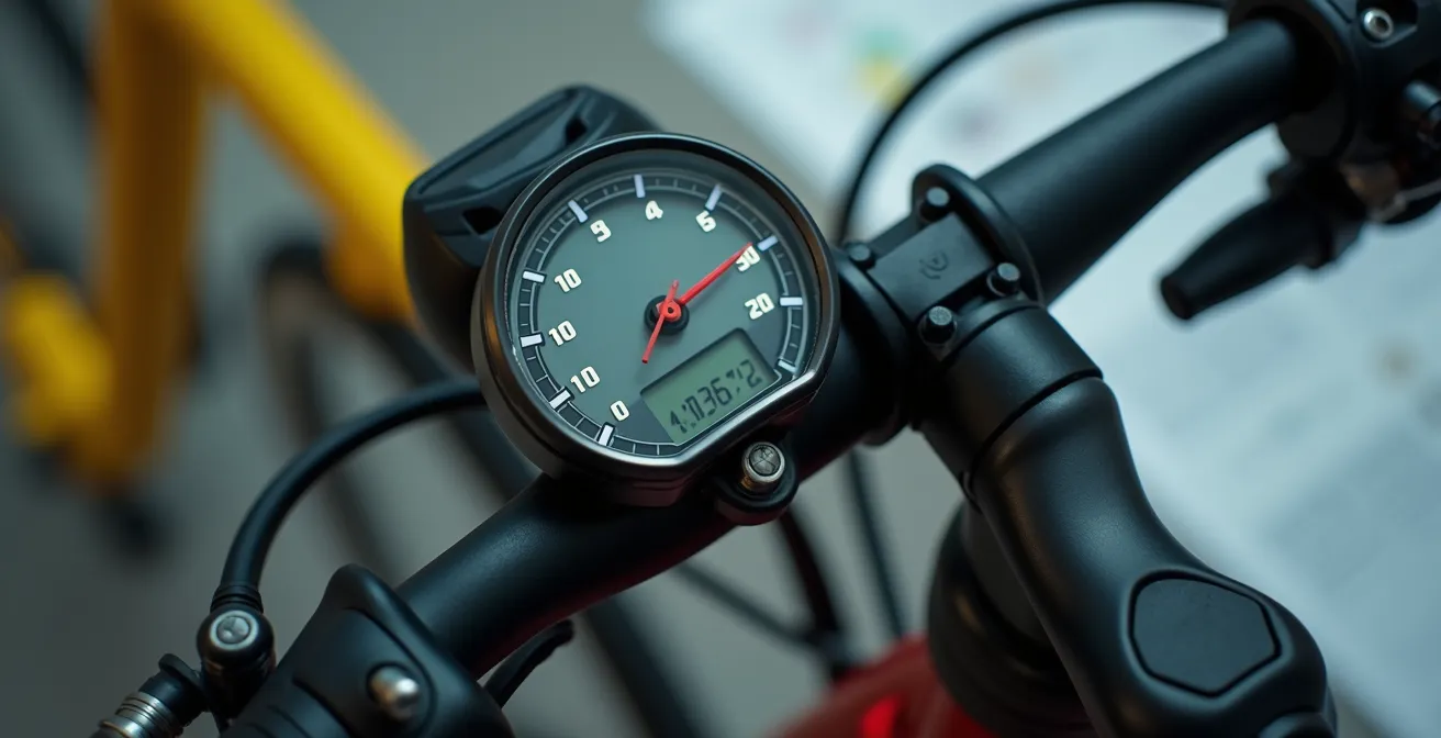 Close-up van speed pedelec dashboard met nummerplaat en belastingpapieren op achtergrond