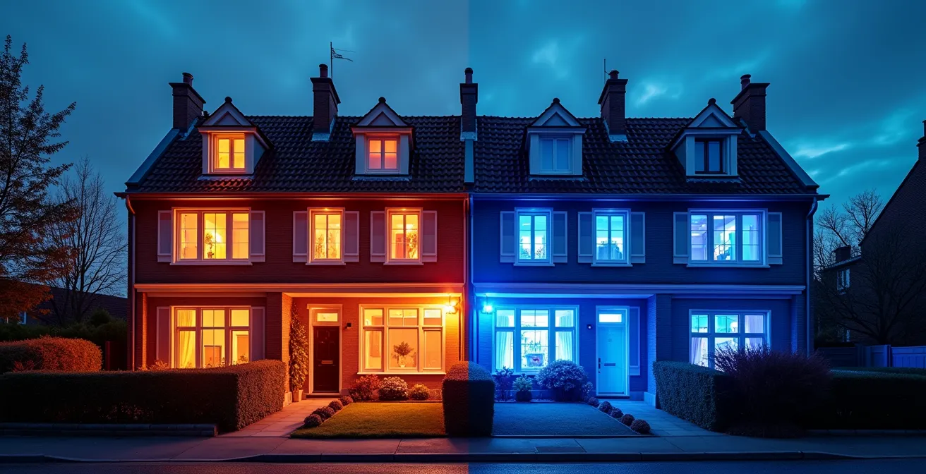 Infrarood visualisatie van warmteverlies door dak, muren en ramen van een Belgische woning
