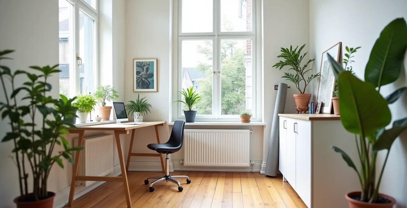 Minimalistisch ingerichte werkhoek met yogamat ernaast in Belgisch appartement