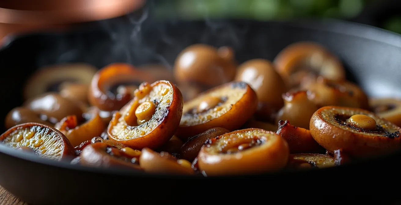 Close-up van geroosterde paddenstoelen met Maillard-reactie