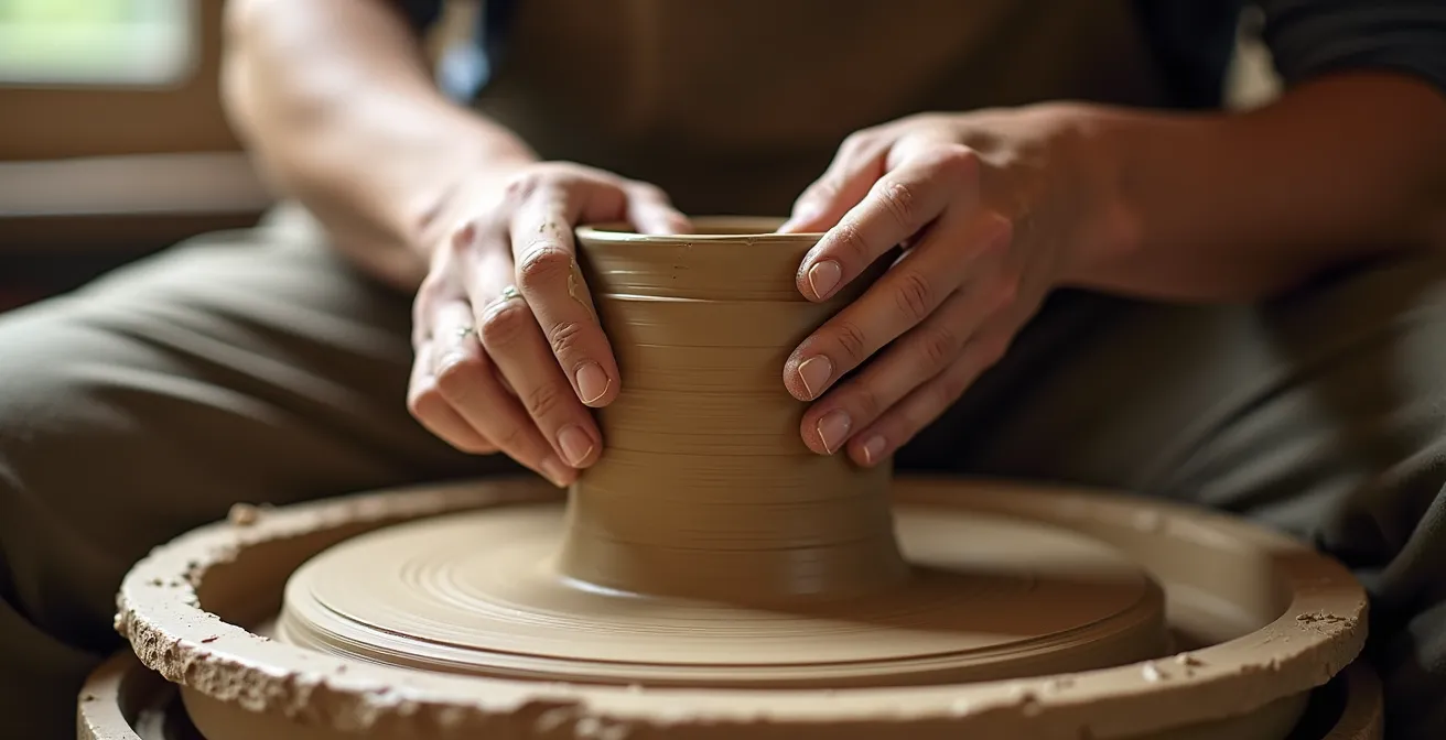 Close-up van ambachtelijke keramiekproductie met focus op handwerk en detail