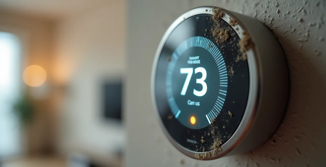 Close-up van een slimme thermostaat met zichtbare veroudering en kwetsbaarheid