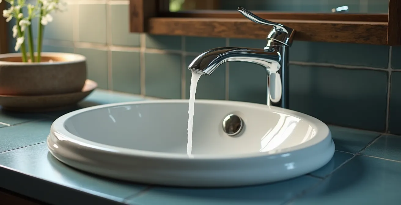 Gerecupereerde vintage wastafel met nieuwe waterbesparende kraan in Belgisch interieur