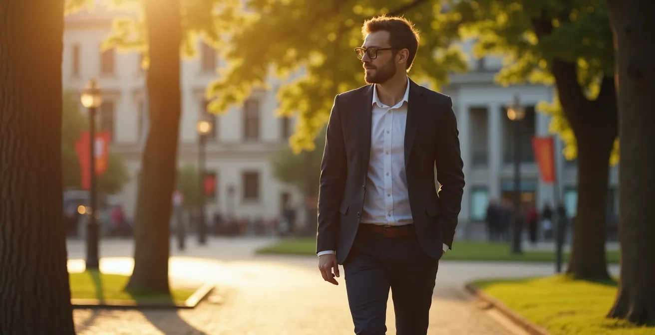 Persoon wandelt door Belgisch stadspark met bakkerij op achtergrond