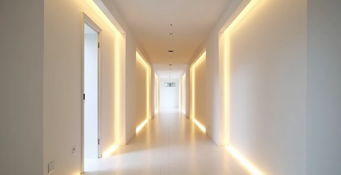 Moderne gang met wandverlichting die naar boven schijnt voor ruimtelijk effect