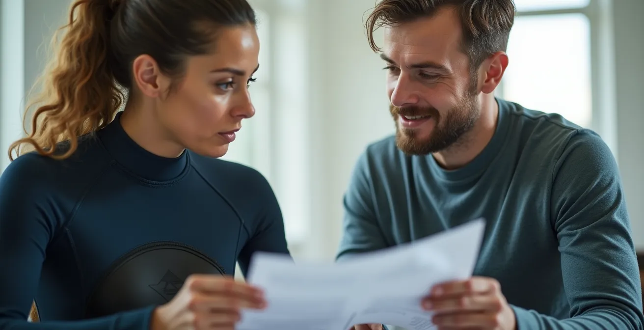 Watersporter bespreekt verzekeringsdocumenten met adviseur