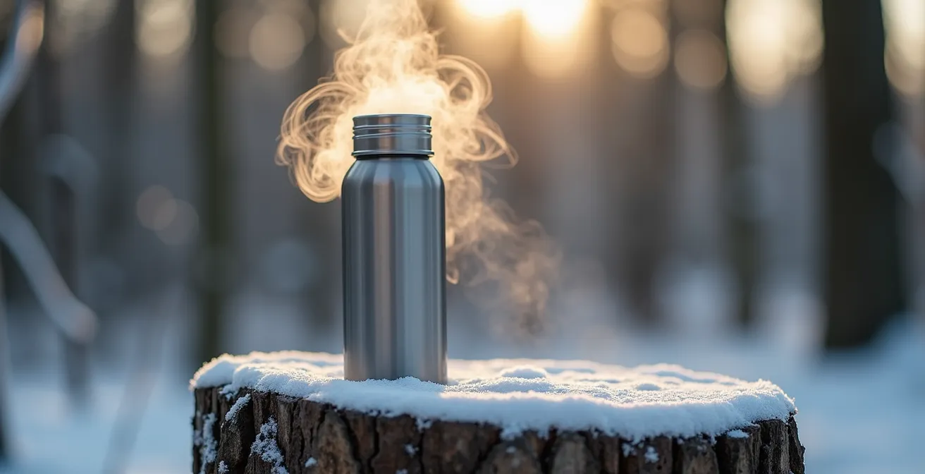 Dampende thermosfles met kruidenthee in winterse natuuromgeving